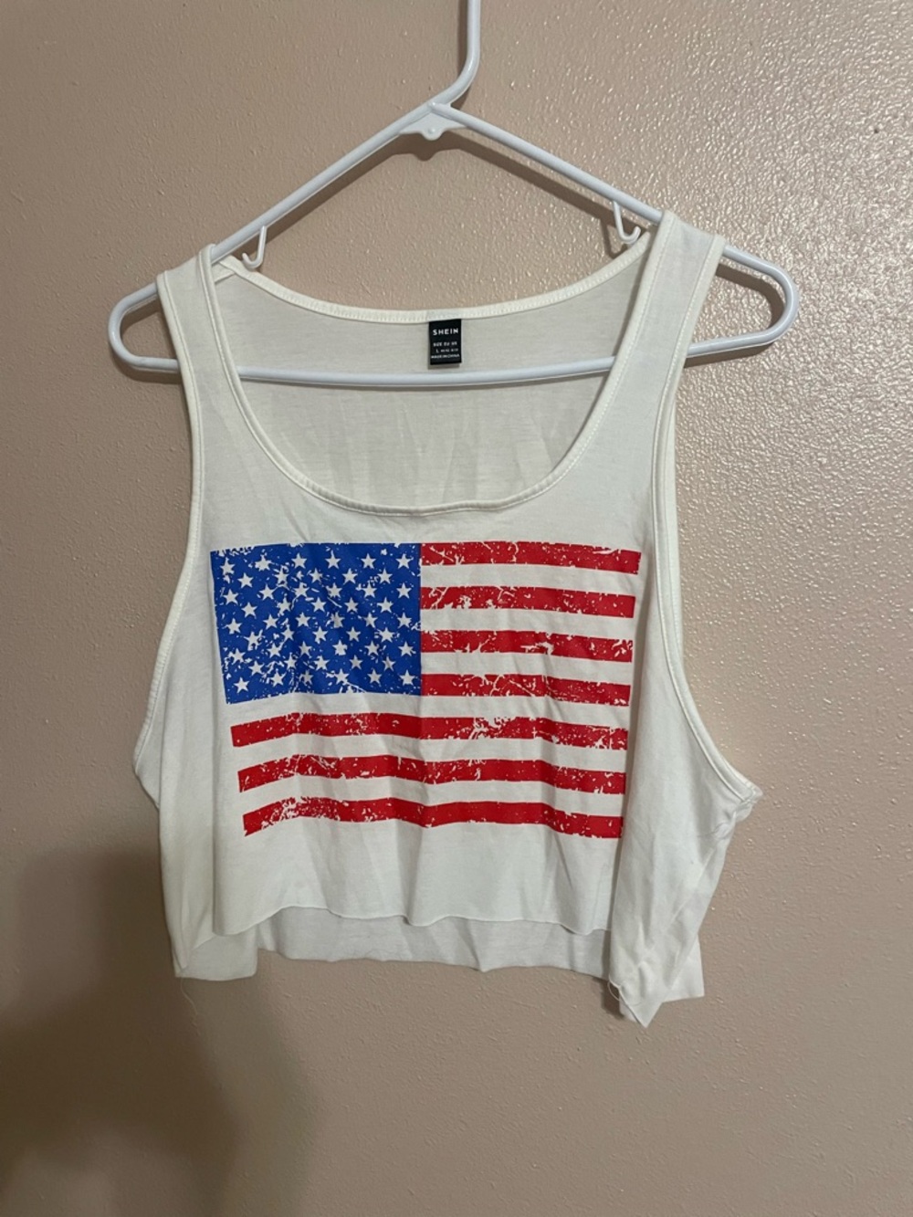 SHEIN White Cropped Tank with Distressed American Flag Print